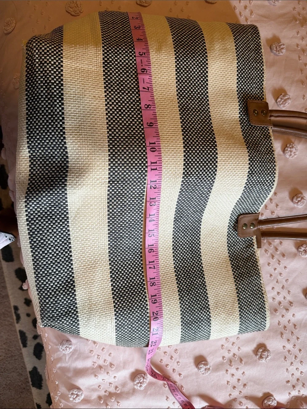 Striped Straw Tote Bag with Brown Handles